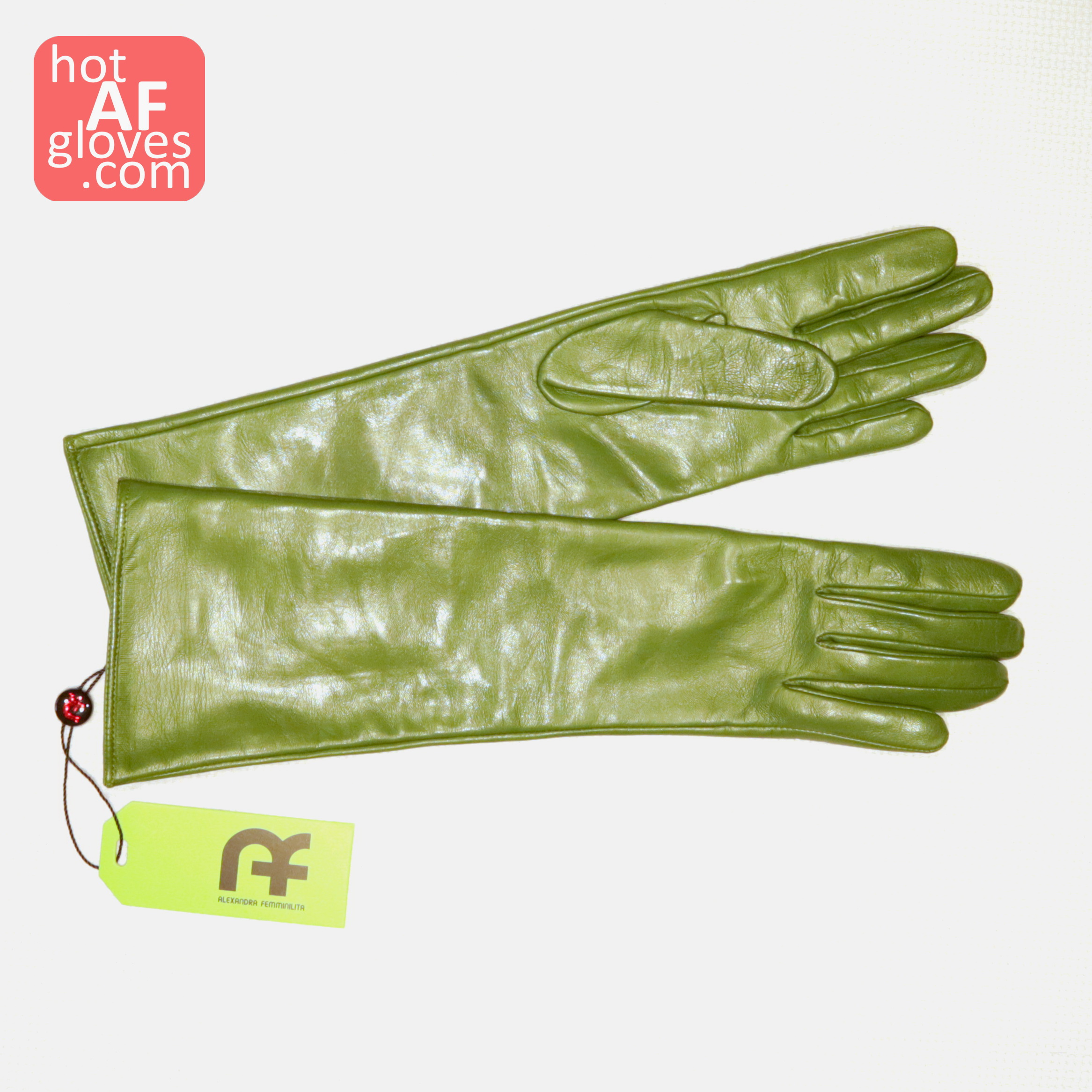 SPECIFICALLY THIS PAIR OF ITALIAN LAMB LEATHER LONG GLOVES: AF DESIRE EMERALD GREEN