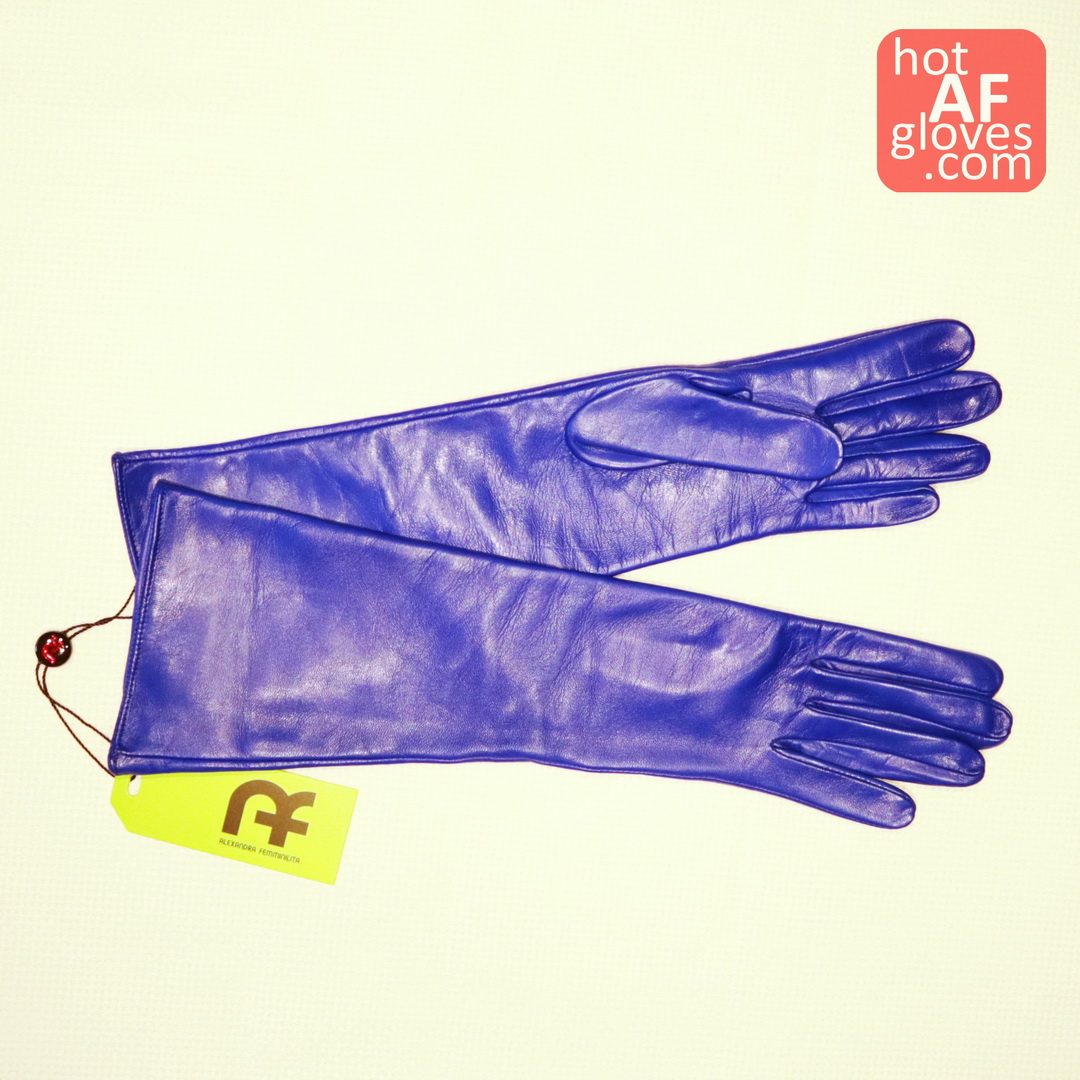 SPECIFICALLY THIS PAIR OF ITALIAN LAMB LEATHER LONG GLOVES: AF DESIRE SAPPHIRE BLUE