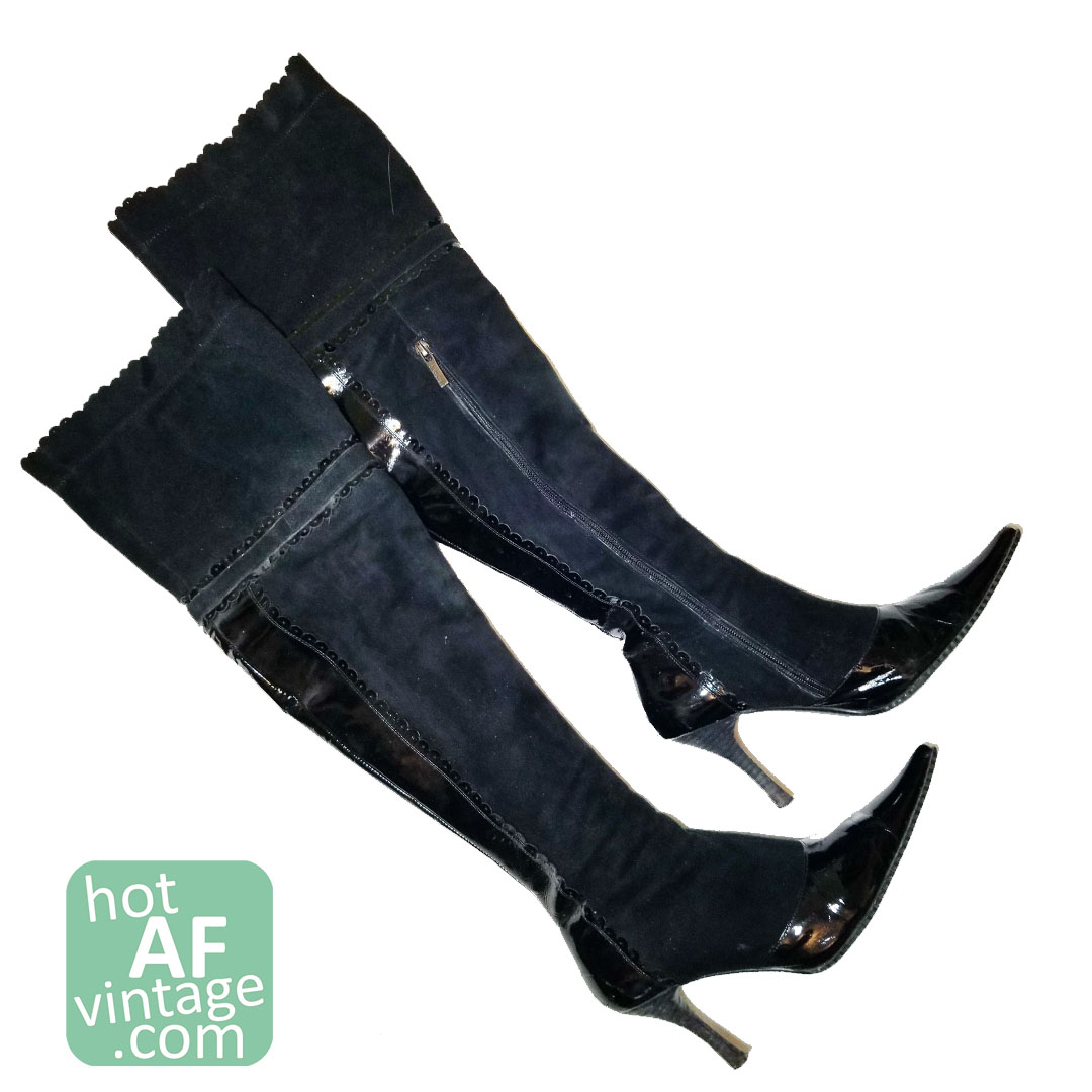 SPECIFICALLY THIS PAIR OF OVER-THE-KNEE STRICT BLACK SUEDE BOOTS
